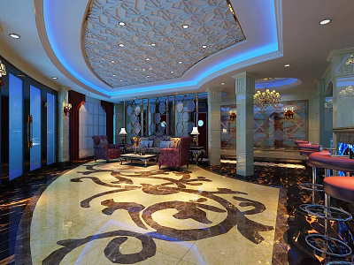 Elegant KTV Interior Design With Ornate Ceiling Marble Floor Sofa Seating And Bar Stools 3d model