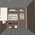 Modern Open Kitchen Interior With Wooden Cabinets White Tiled Floor And Dishes On Shelves