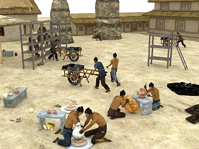 People Working in Traditional Courtyard With Wheelbarrows Frames and Pottery Making 3d model