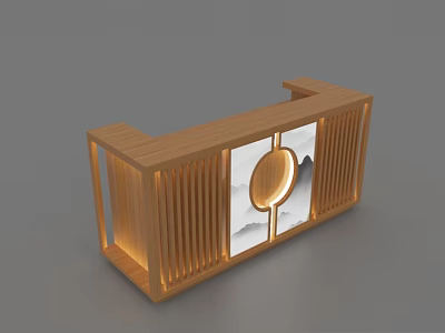 Elegant Wooden Shop Front Desk With Circular Decoration Landscape Painting And Lattice Design 3d model