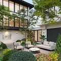 Serene Courtyard Garden With Outdoor Furniture Comfortable Seating Green Trees And Colorful Flowers