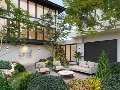 Serene Courtyard Garden With Outdoor Furniture Comfortable Seating Green Trees And Colorful Flowers 3d model