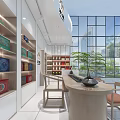 Elegant Specialty Store Interior With Shelves Products Counter And Wooden Tables