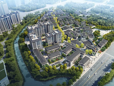 Aerial Planning of Integrated Residential Community by River With Buildings Greenery and Roads 3d model