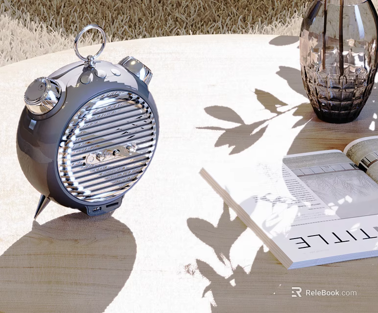 Vintage Gray Alarm Clock On Wooden Table With Open Book And Plant Shadows 3d model 