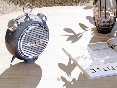 Vintage Gray Alarm Clock On Wooden Table With Open Book And Plant Shadows 3d model