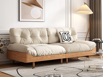 Beige Two Seater Sofa With Plush Cushions Wooden Frame Throw Pillow And Floor Lamp 3d model