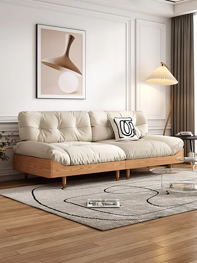 Beige Two Seater Sofa With Plush Cushions Wooden Frame Throw Pillow And Floor Lamp 3d model