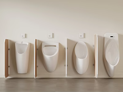 Four Different Modern Urinal Designs Wall Mounted With Wooden Partitions 3d model