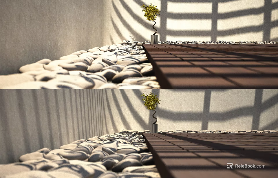 Sunlit Garden Corner With Pebble Surface Wooden Deck And Small Tree Shadows 3d model 