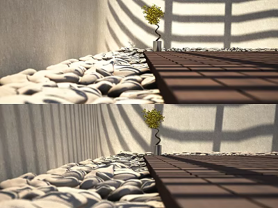 Sunlit Garden Corner With Pebble Surface Wooden Deck And Small Tree Shadows 3d model