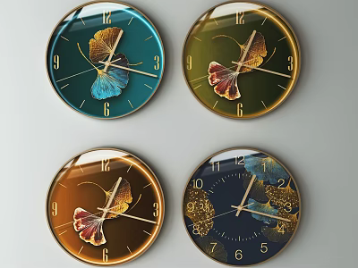 Decorative Round Clocks with Ginkgo Leaf Patterns Various Colors and Numerical Dials for Wall Decor 3d model