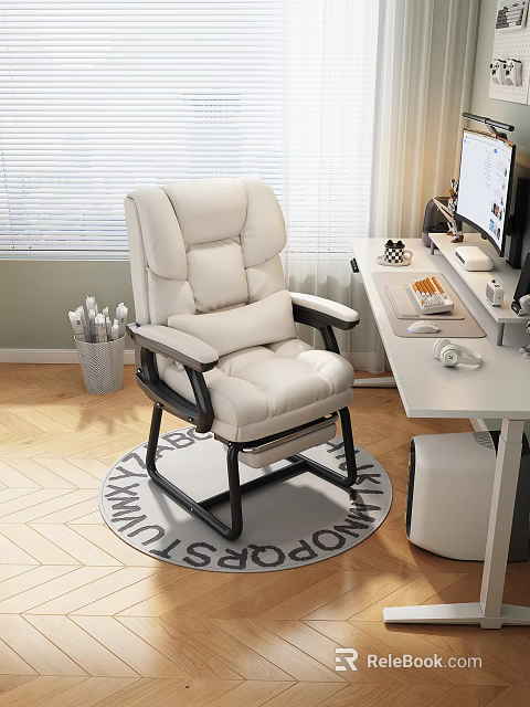 White Leather Ergonomic Office Chair For Home Office Desk Setup With Computer 3d model 