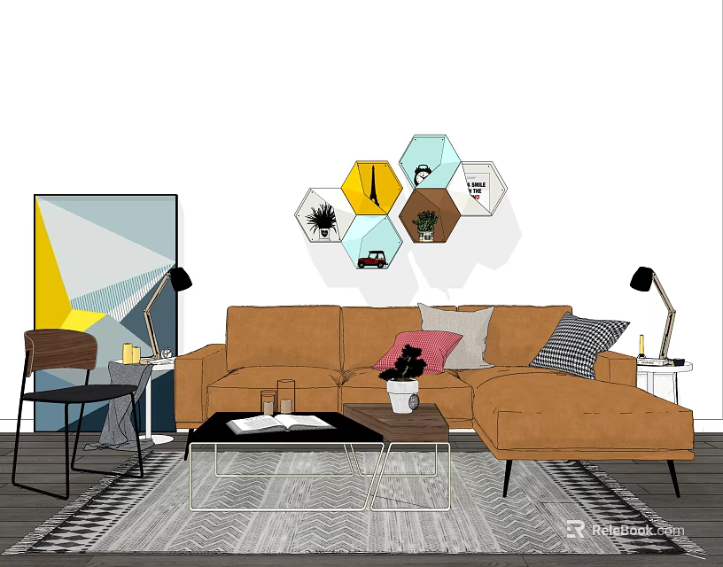 Brown Sofa And Coffee Table Set With Pillows Hexagon Wall Decor And Rug 3d model