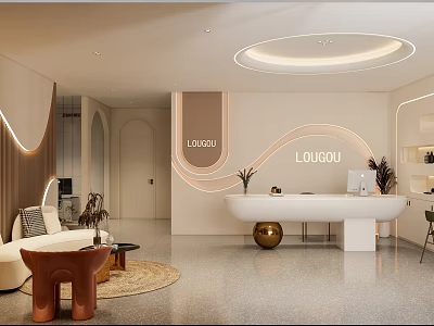 Modern Beauty Hair Salon Interior Design With Reception Counter Sofa And Decorative Plants 3d model