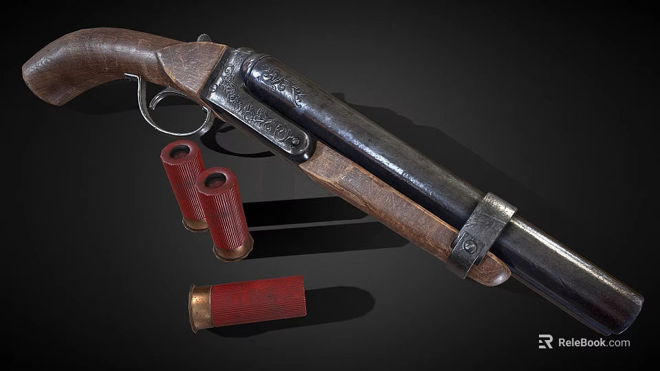 Vintage Rifle With Wooden Stock Metal Barrel And Red Ammunition Cartridges 3d model 