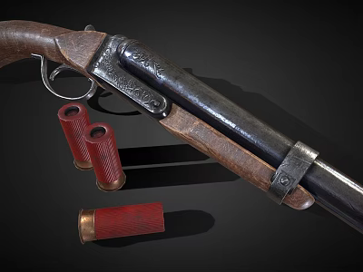Vintage Rifle With Wooden Stock Metal Barrel And Red Ammunition Cartridges 3d model