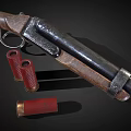 Vintage Rifle With Wooden Stock Metal Barrel And Red Ammunition Cartridges