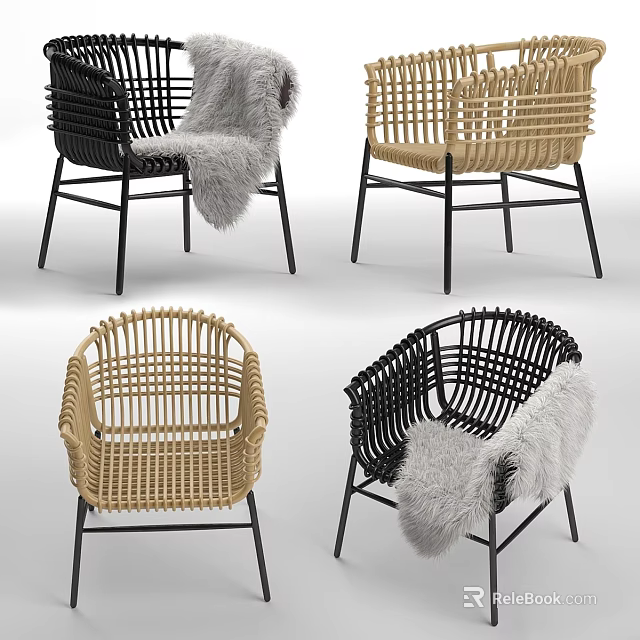 Woven Accent Chair Designs Black And Beige With Faux Fur Cushion And Metal Legs 3d model 