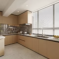 Modern Kitchen Interior Featuring Beige Cabinets Marble Countertops And Large Windows With Blinds 3d model