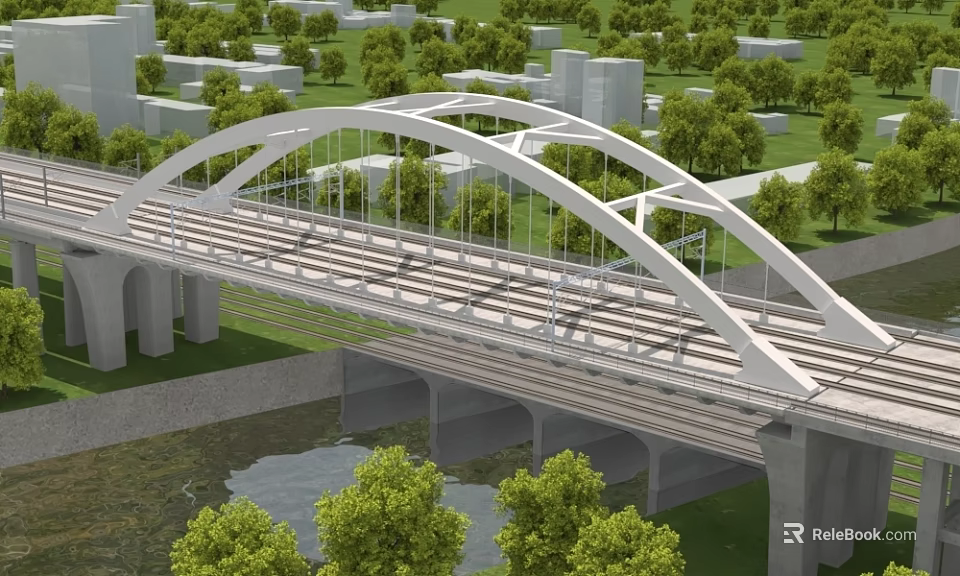 Modern Urban Bridge With Arched Structure Spanning River And Surrounded By Trees And Buildings 3d model 