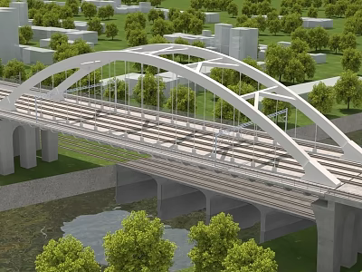 Modern Urban Bridge With Arched Structure Spanning River And Surrounded By Trees And Buildings 3d model