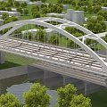 Modern Urban Bridge With Arched Structure Spanning River And Surrounded By Trees And Buildings 3d model