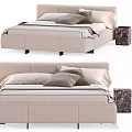 Modern Upholstered Bed With Beige Mattress Plush Pillows And Marble Nightstand