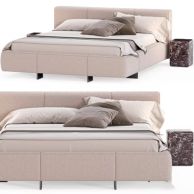 Modern Upholstered Bed With Beige Mattress Plush Pillows And Marble Nightstand 3d model