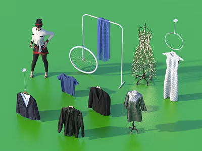 Fashionable Clothing Items Hangers And Mannequin For Wardrobe 3d model