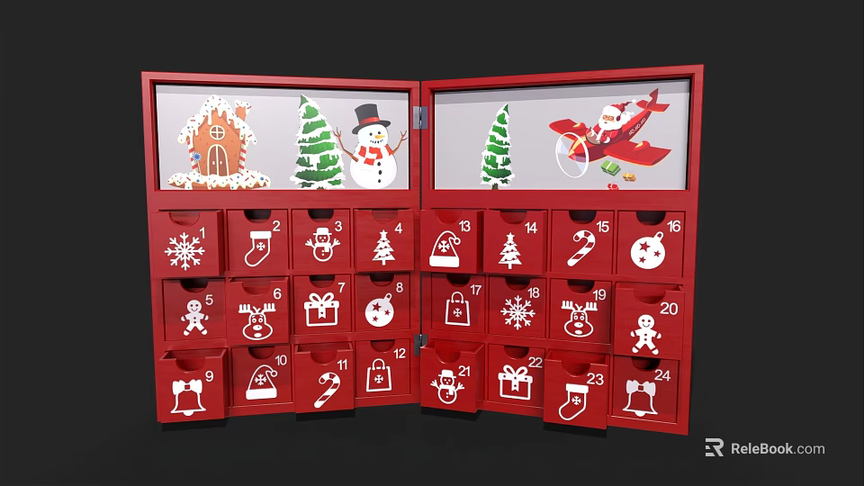 Red Christmas Advent Calendar with Decorative Drawers and Festive Holiday Elements 3d model 