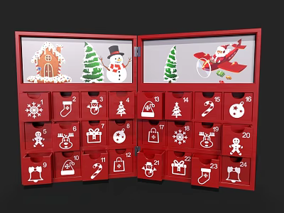 Red Christmas Advent Calendar with Decorative Drawers and Festive Holiday Elements 3d model