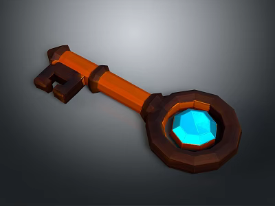 Enchanted Fantasy Key With Orange Handle Brown Ring And Glowing Blue Gemstone 3d model