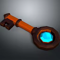 Enchanted Fantasy Key With Orange Handle Brown Ring And Glowing Blue Gemstone