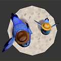Blue Parent and Baby Birds Wearing Brown and Yellow Hats Standing on White Platform
