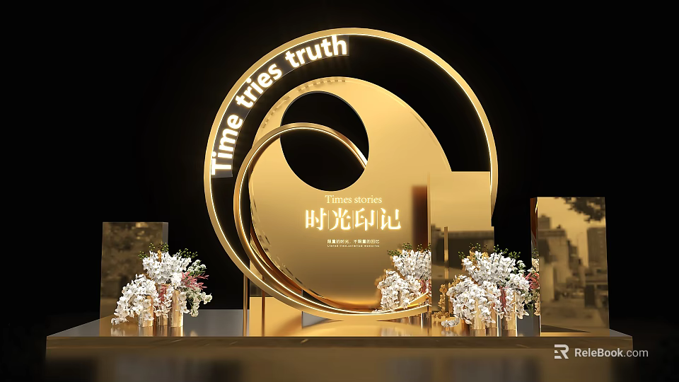 Photo Check In Spot With Golden Circular Installation Time Tries Truth Time Impression Flower Bouquets 3d model 