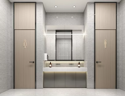 Modern Public Restroom Interior With Stall Doors Vanity And Mirror 3d model