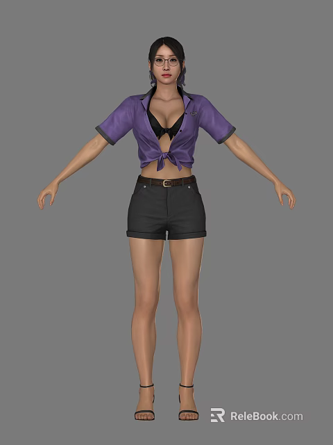 A Woman Wearing Purple Short Sleeve Top With Tied Front And Black Shorts 3d model 