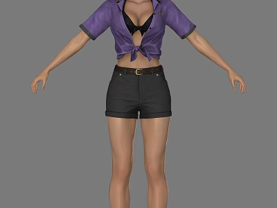 A Woman Wearing Purple Short Sleeve Top With Tied Front And Black Shorts 3d model