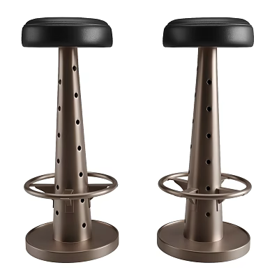 Modern Bar Stools Set of Two With Black Seats Metal Frames Hole Design Round Footrest 3d model