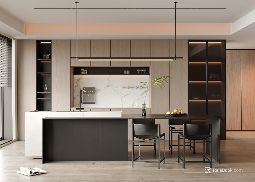 Modern Restaurant Interior With Open Layout Island Seating Pendant Lights And Decorative Plants 3d model 