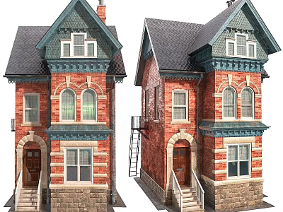 Red Brick Detached House With Gray Roof Blue Trim And Stone Steps 3d model