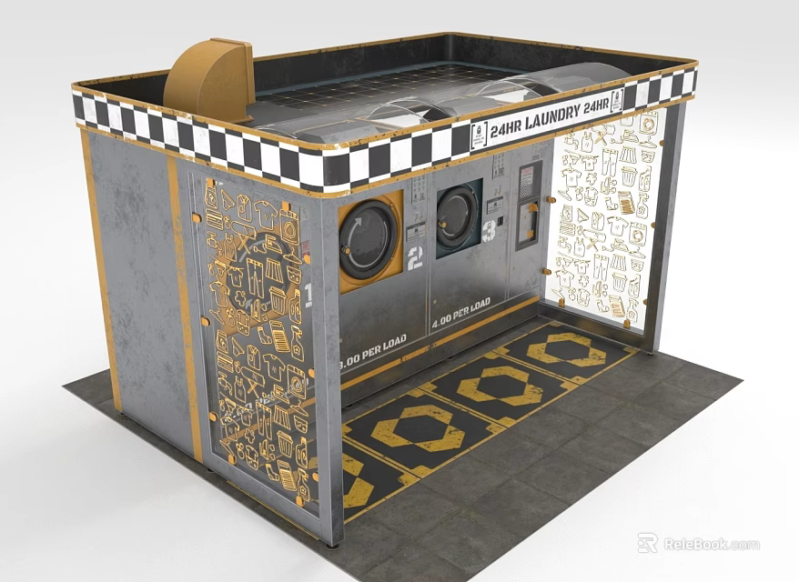 Laundry Booth Interior Design With Gray Gold Black White Checkered Top Edge Washing Machine 3d model 