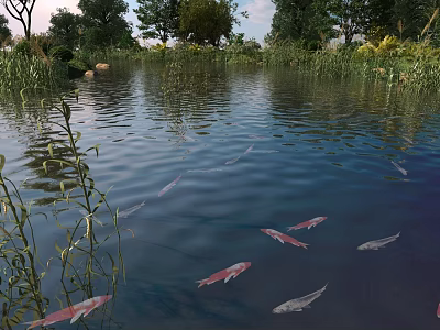 Red and gray fish swimming in pond with reeds trees and rippling water 3d model
