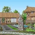 Rustic Thatched Roof Homestay Building Featuring Swimming Pool And Lush Greenery