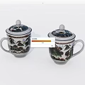 Pair of Traditional Ceramic Teacups with Landscape Painting Design and Lid Handles