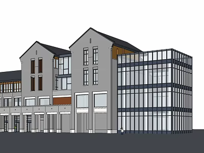 Traditional And Modern Commercial Complex With Grey Facade Glass Curtain Wall And Retail Storefronts 3d model