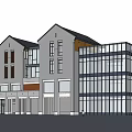 Traditional And Modern Commercial Complex With Grey Facade Glass Curtain Wall And Retail Storefronts