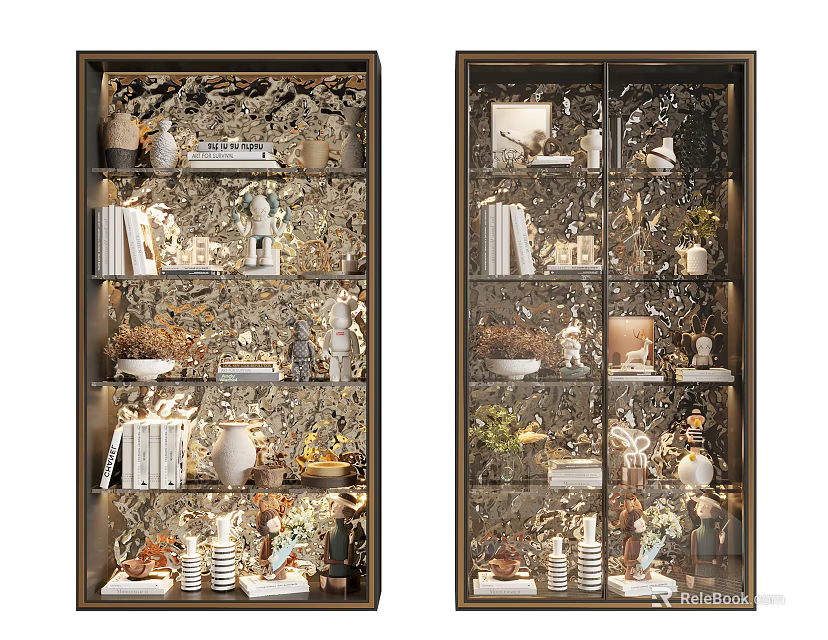 Elegant Display Cabinet with Glass Doors Holding Books Vases Sculptures and Plants 3d model 
