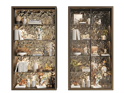 Elegant Display Cabinet with Glass Doors Holding Books Vases Sculptures and Plants 3d model